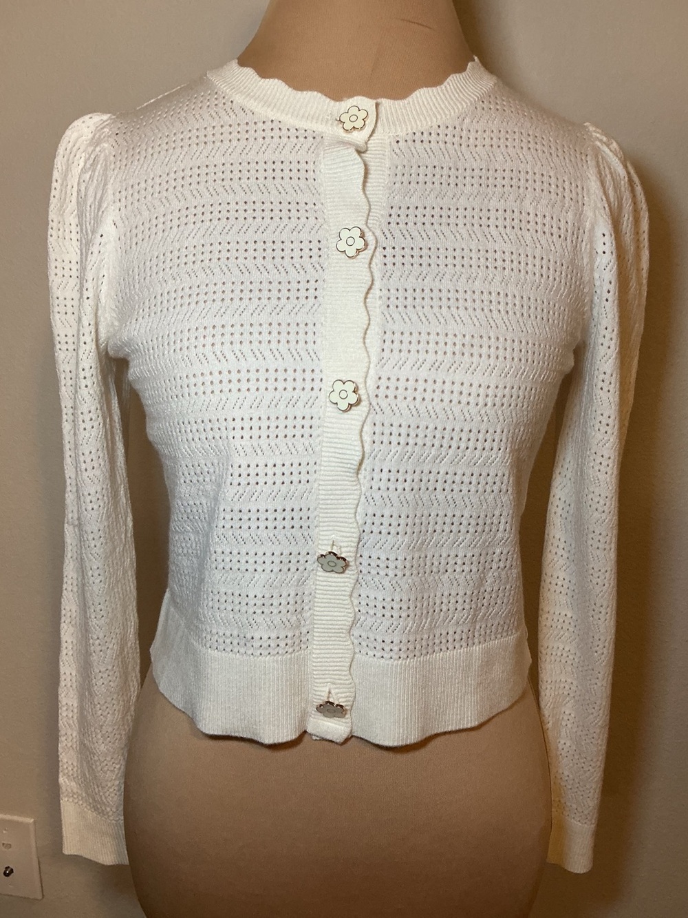 White Eyelet Knit Cardigan Sweater with Flower Buttons